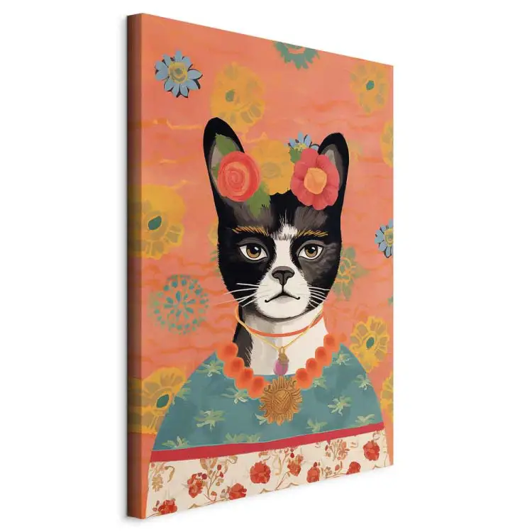 Retrato de animal - gato com flores inspirado na imagem de Frida