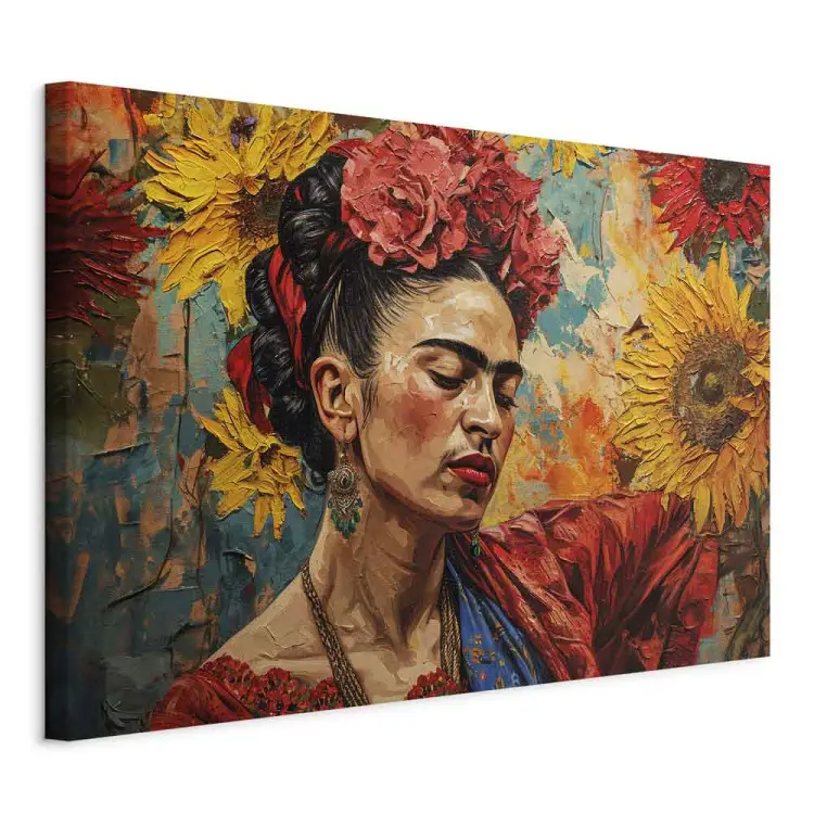 Frida Kahlo - mulher contra um fundo de girassóis ao estilo de uma pintura de van Gogh