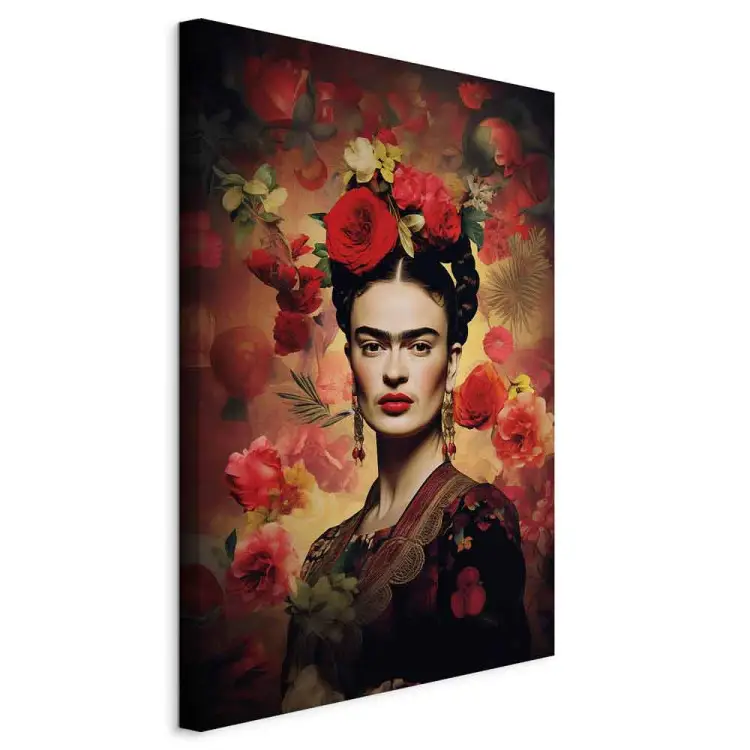 Frida Kahlo - retrato com rosas e folhas sobre um fundo castanho escuro