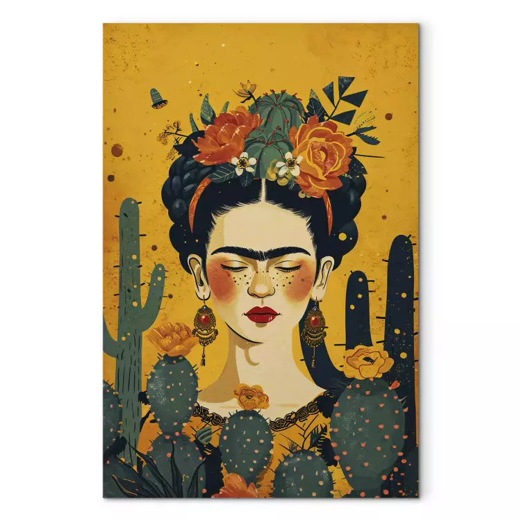 Frida com cactos - retrato da pintora sobre um fundo cor de laranja