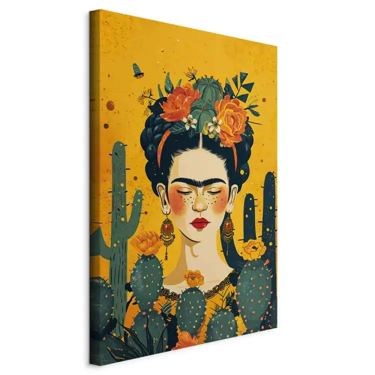 Frida com cactos - retrato da pintora sobre um fundo cor de laranja