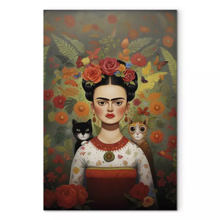 Frida em desenho animado - um retrato colorido da artista com dois gatos