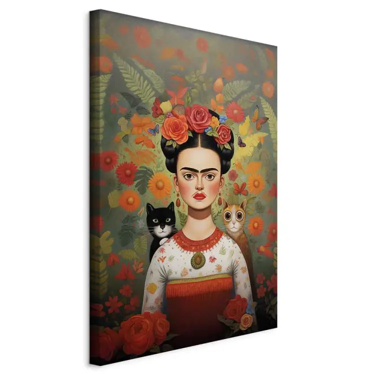 Frida dos desenhos animados - retrato a cores da artista com dois gatos