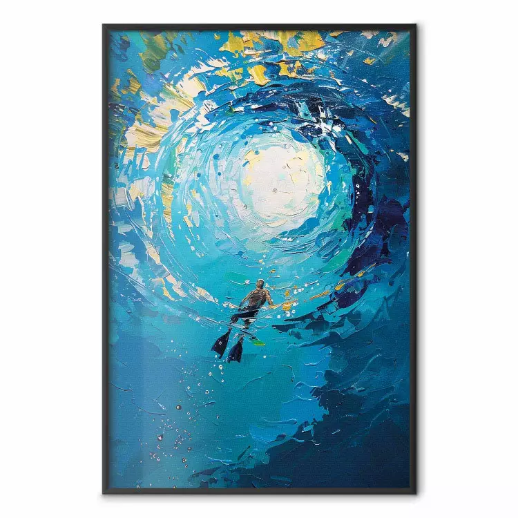 Mundo rodopiante - um mergulhador rodeado de ondas coloridas na água