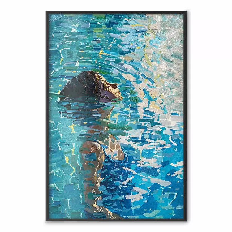 Meditação azul - mulher na água rodeada de reflexos luminosos