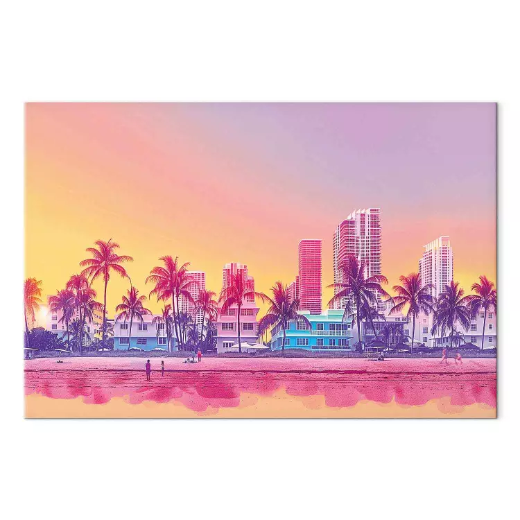 Praia de néon - edifícios coloridos e palmeiras ao pôr do sol