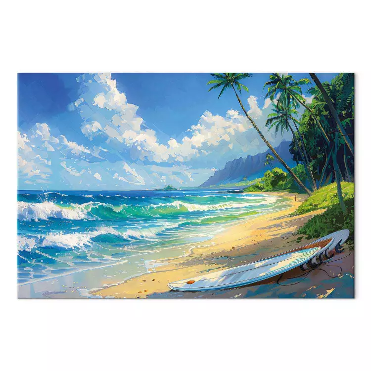 Prancha solitária - praia com ondas do mar e palmeiras ao fundo