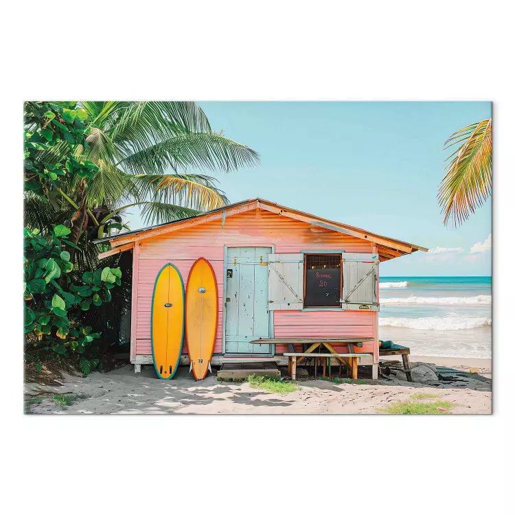 Cabana de surf - casa de tábuas coloridas numa praia tropical