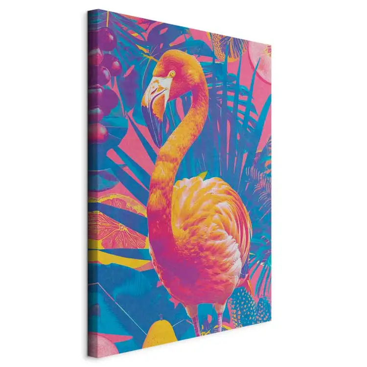 Flamingo colorido - uma ave exótica entre folhas tropicais e frutos sumarentos
