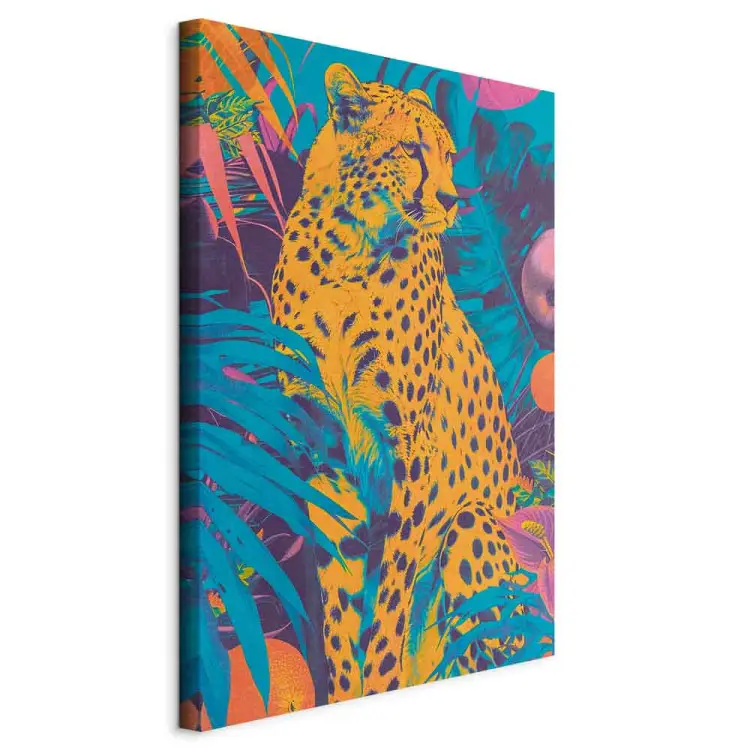 Chita pop-art - gato selvagem em cores vivas rodeado de plantas tropicais
