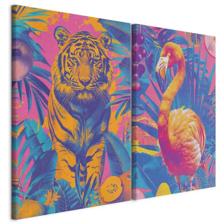 Imagens tropicais - animais em estilo pop-art sobre um fundo colorido da selva