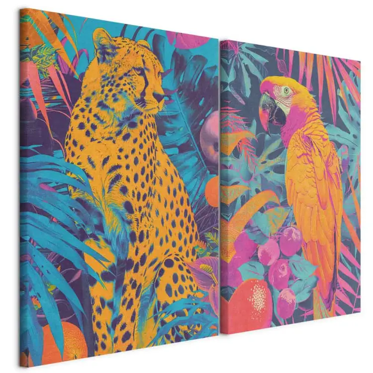 Visões tropicais - representações vívidas de animais selvagens em estilo pop-art sobre um fundo de selva