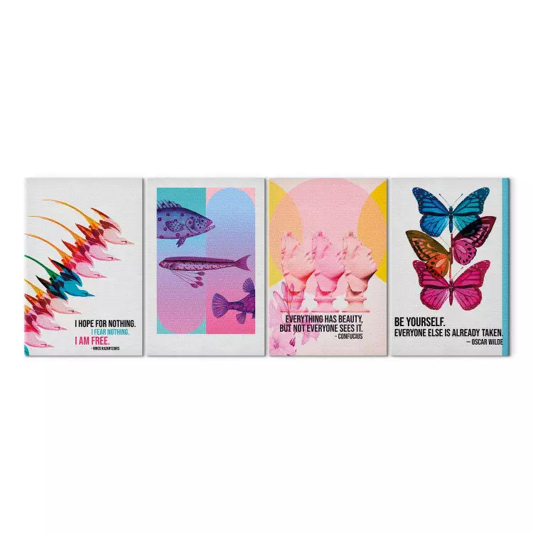 Inspirações abstractas - pássaros coloridos, peixes, bustos e borboletas com citações sobre liberdade e beleza