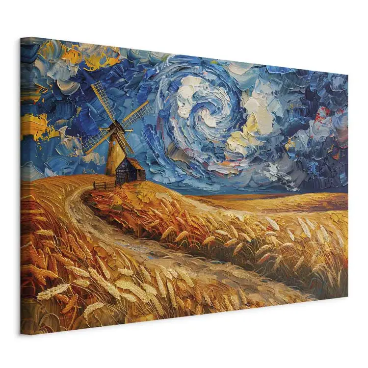 Moinho e céu - paisagem inspirada em Van Gogh com um céu rodopiante