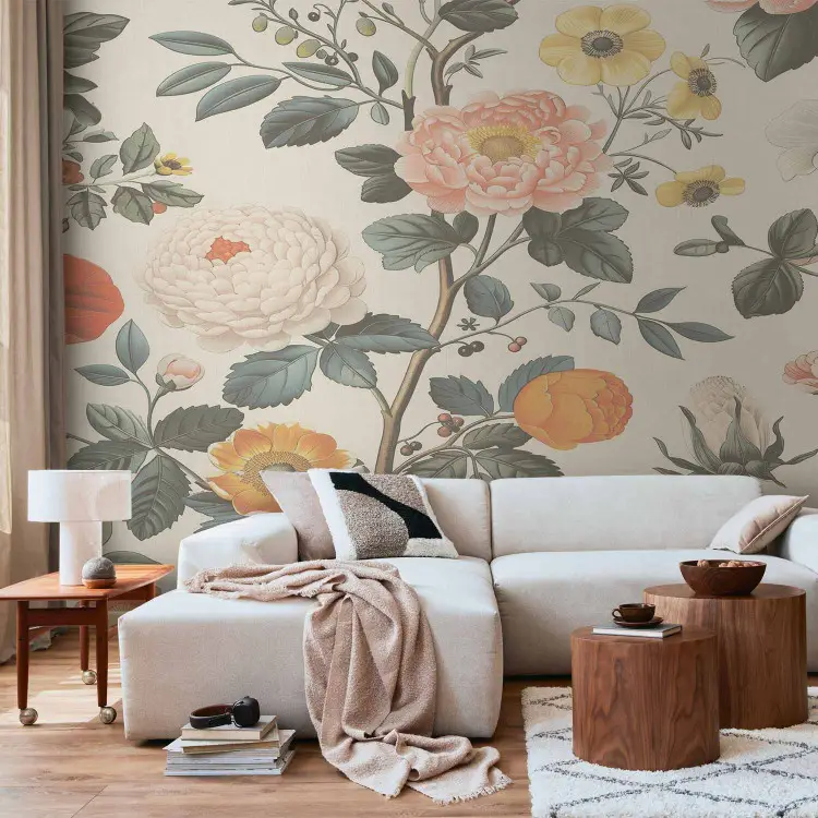 Floricultura colorida - uma composição em tons pastel com flores e vegetação