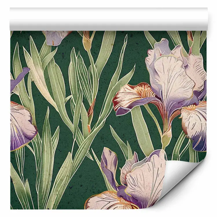 Gravuras florais - íris lilás delicadas sobre fundo verde escuro