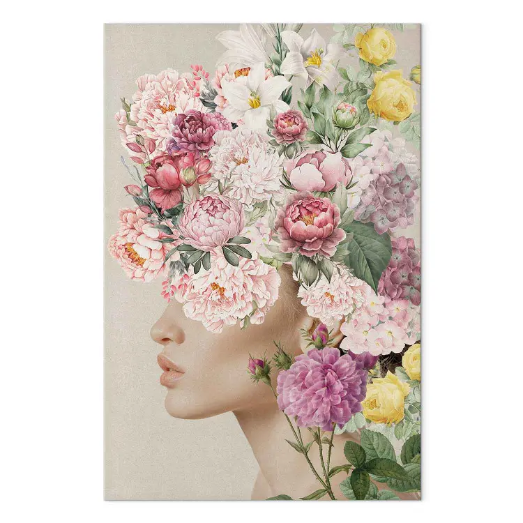 Na coroa floral - perfil delicado de mulher entre rosas e lírios