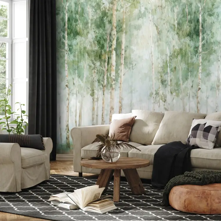 Floresta de Bétulas - Uma delicada aquarela com troncos de árvores claros em uma névoa verde.