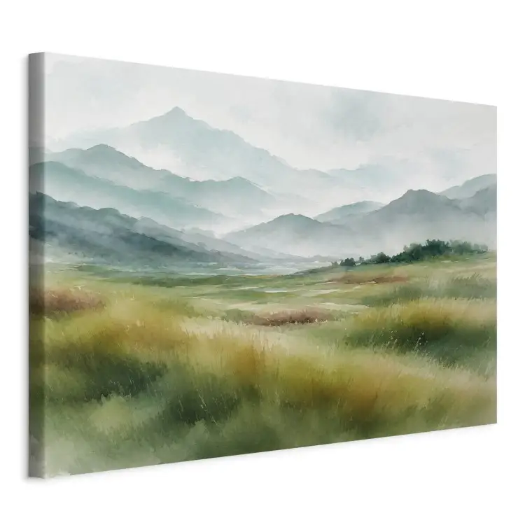 Montanhas em aquarela - uma paisagem enevoada com um vasto prado verde