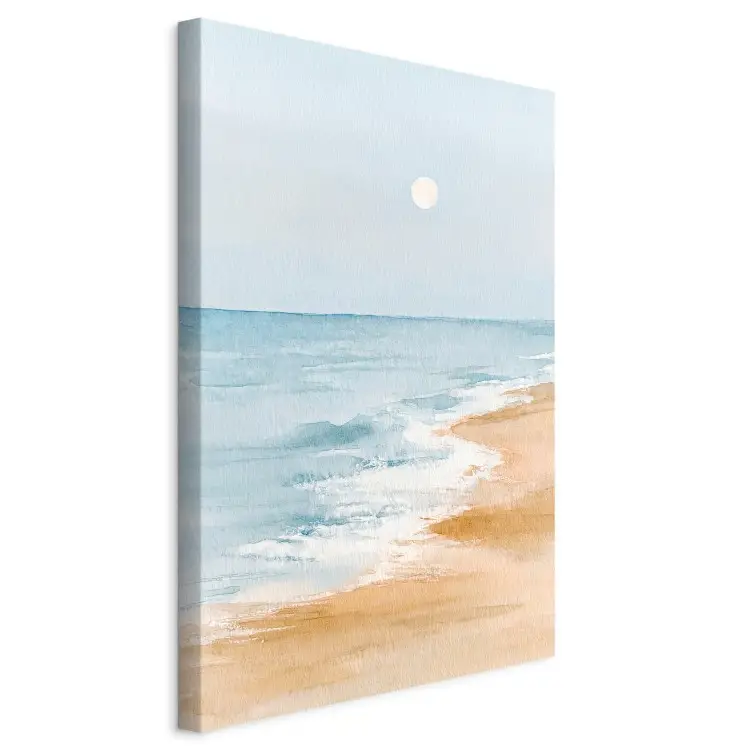 Praia em aquarela - ondas calmas do mar sob um céu claro