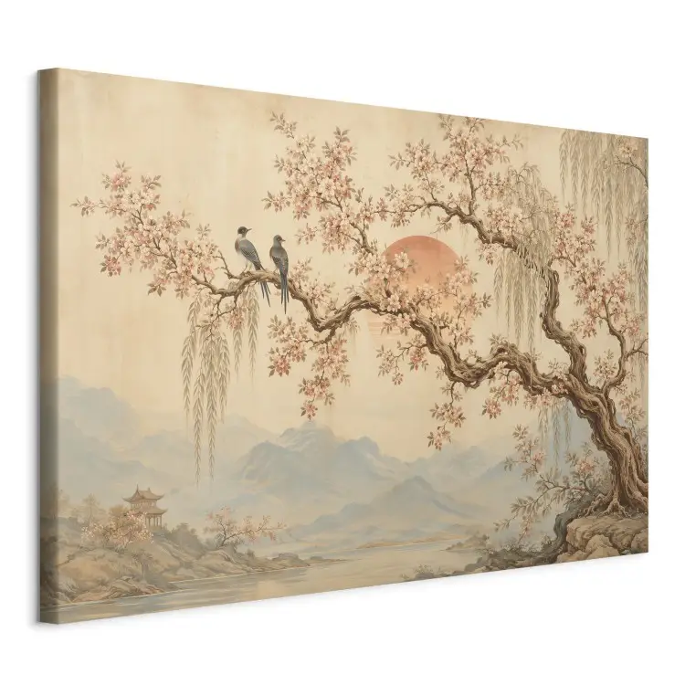 Cerejeira - paisagem japonesa, pássaros em um galho, sol vermelho