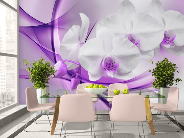 Mural de parede Flores da Natureza - orquídea branca em um fundo com desenhos roxos