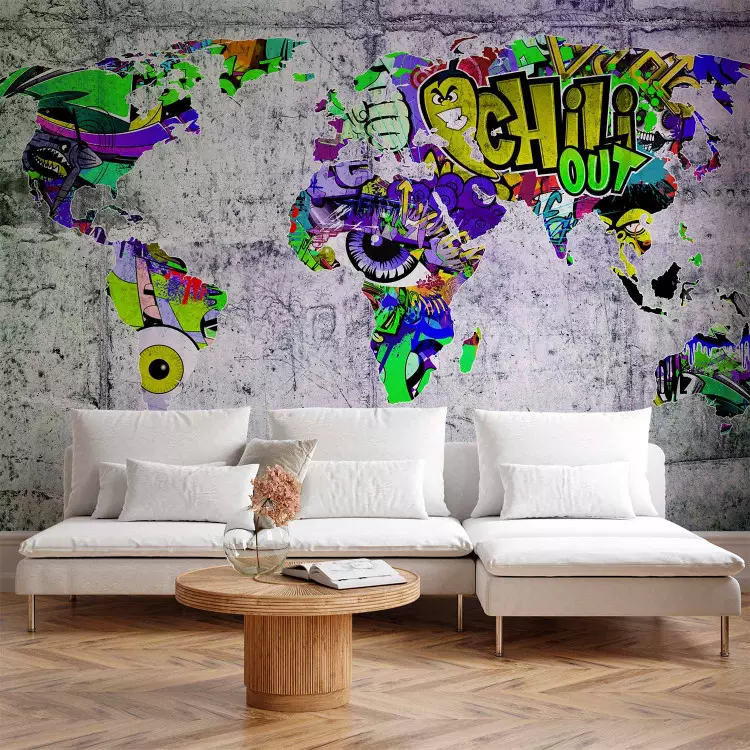 Mundo de Graffiti - mapa-múndi colorido em fundo de concreto para adolescente