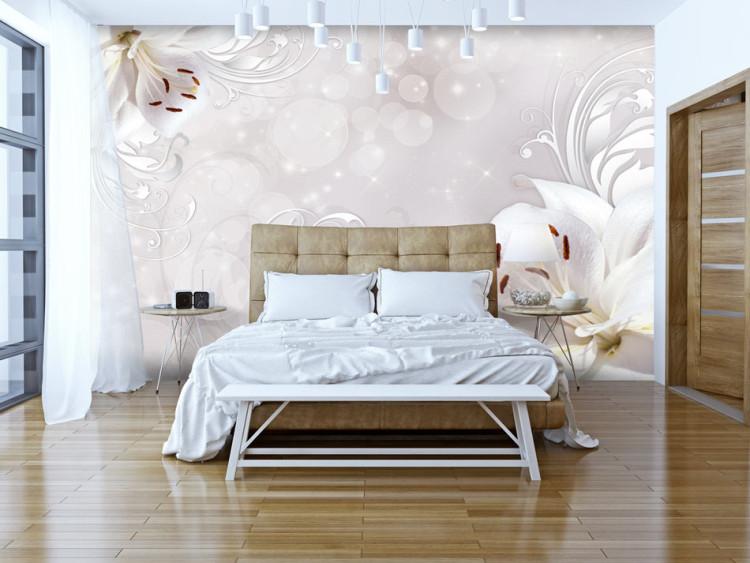 Mural de parede Composição com Lírios - flores brancas com ornamentos em estilo glamouroso