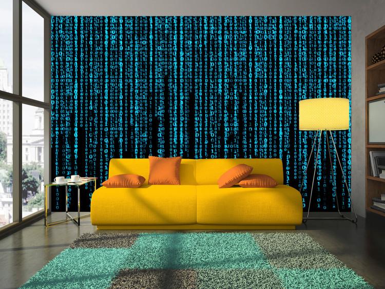 Mural de parede Chuva Digital Azul - números binários em fundo preto estilo Matrix