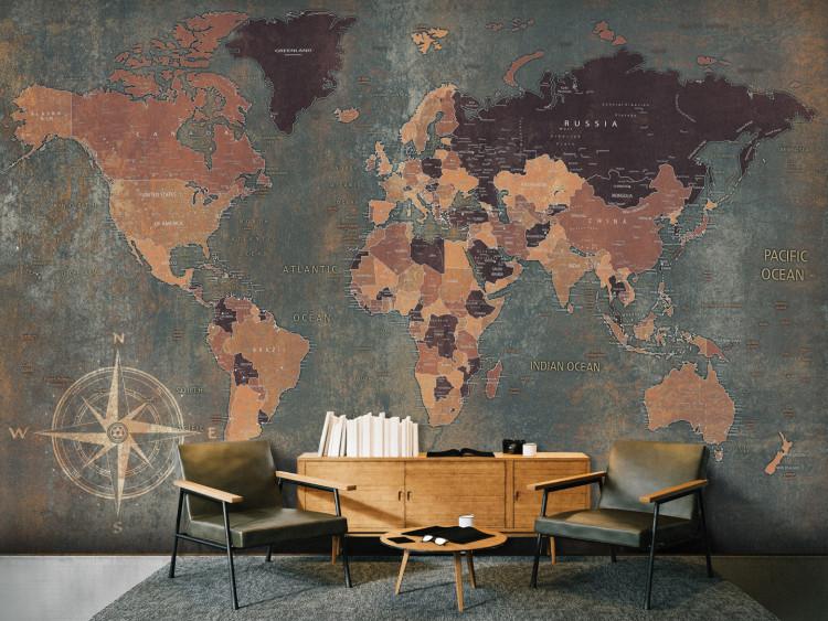 Mural de parede Mundo em Verde - mapa de continentes em um fundo não uniforme com bússola