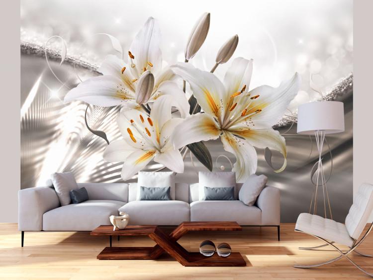Mural de parede Beleza dos Lírios - flores brancas em fundo prateado com efeito de brilho de luz
