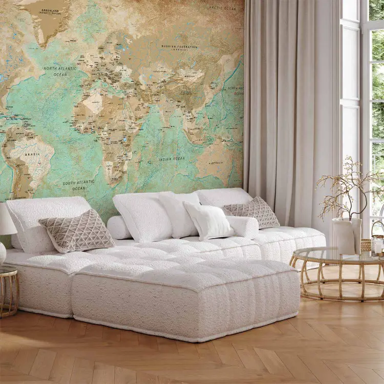 Mapa-Múndi Turquesa - continentes em tons de bege em fundo verde