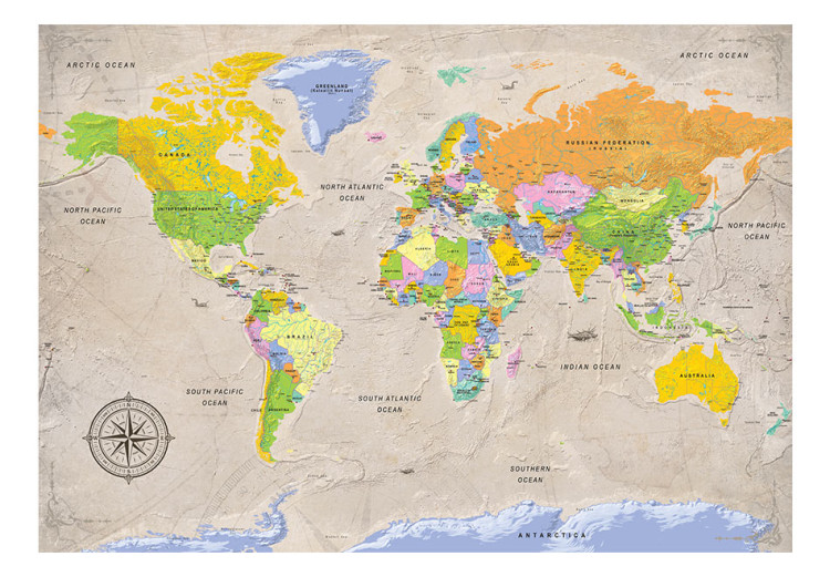 Fotomural Mapa-Múndi Vintage - continentes com nomes em inglês e bússola 95021 additionalImage 1