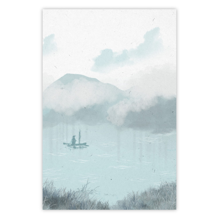 Poster decorativo Fishing in the Morning - Small Boat Against the Background of Misty Mountains 146132