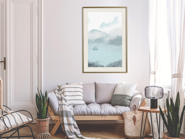 Poster decorativo Fishing in the Morning - Small Boat Against the Background of Misty Mountains 146132 additionalImage 19