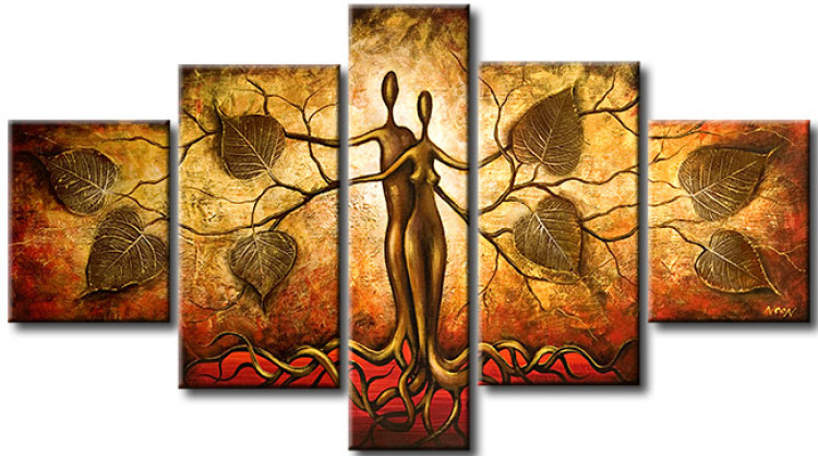 Quadro em tela Conexão com a Natureza (5 partes) - Abstração com casal dourado e árvore 47272