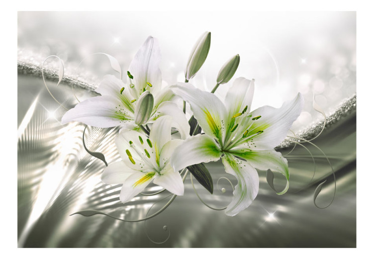 Mural Beleza dos Lírios - flores brancas em fundo verde com efeito de brilho de luz 93772 additionalImage 1