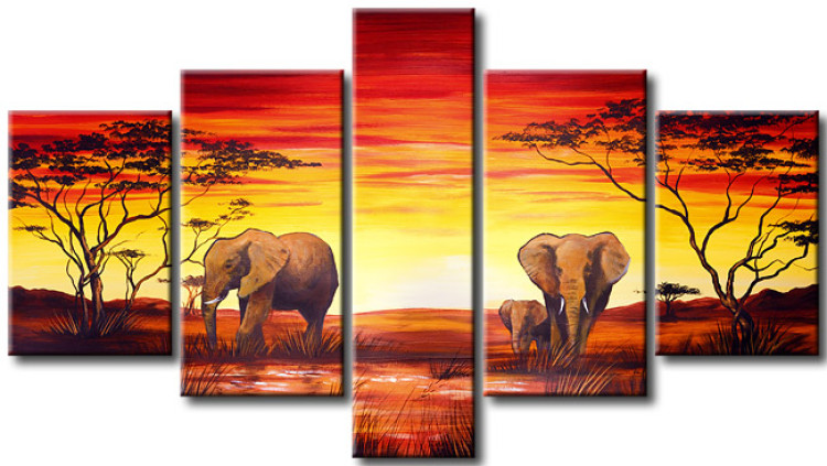Pintura Elefantes africanos - animais com o sol poente sobre a savana 49454