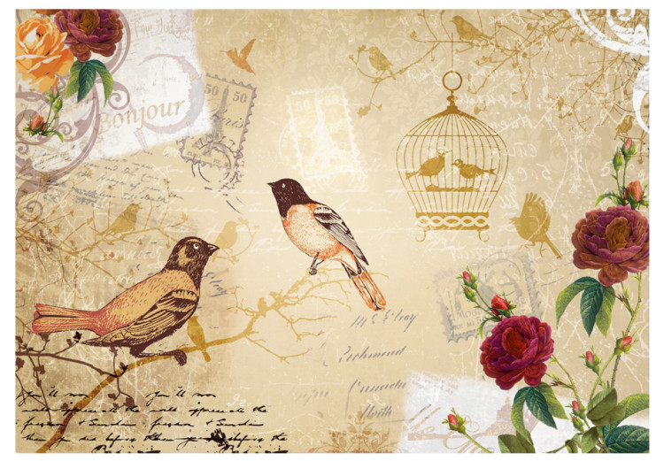 Mural de parede Cartão postal do passado - pássaros e flores numa composição em estilo retro 61105 additionalImage 1