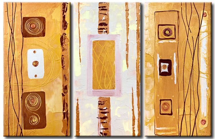 Quadro pintado Abstração (3 partes) - fantasia dourada com elementos geométricos 48055