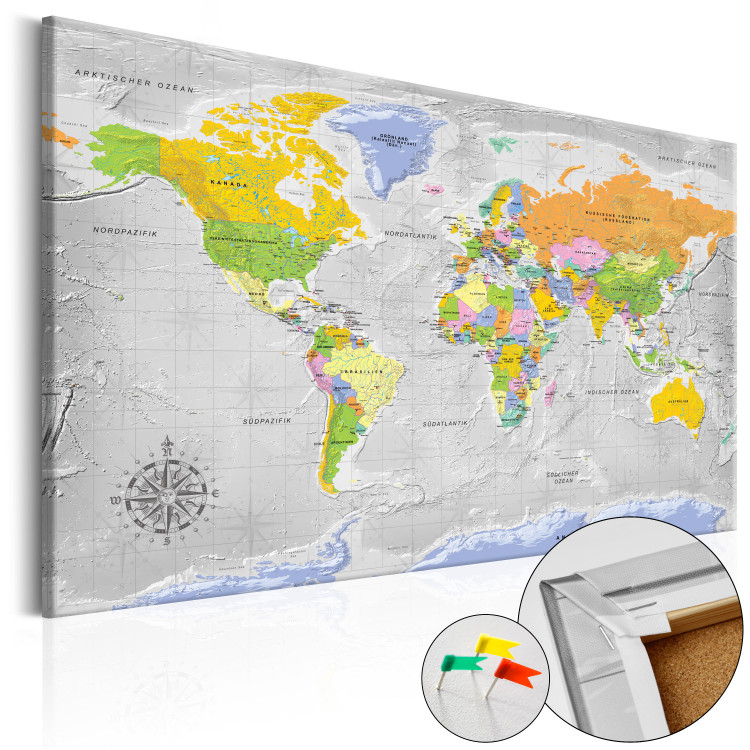 Placar decorativo World Map: Wind Rose [Cork Map - German Text] 105616