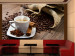 Mural Manhã - uma xícara de café quente em um fundo marrom com grãos e temperos 59816