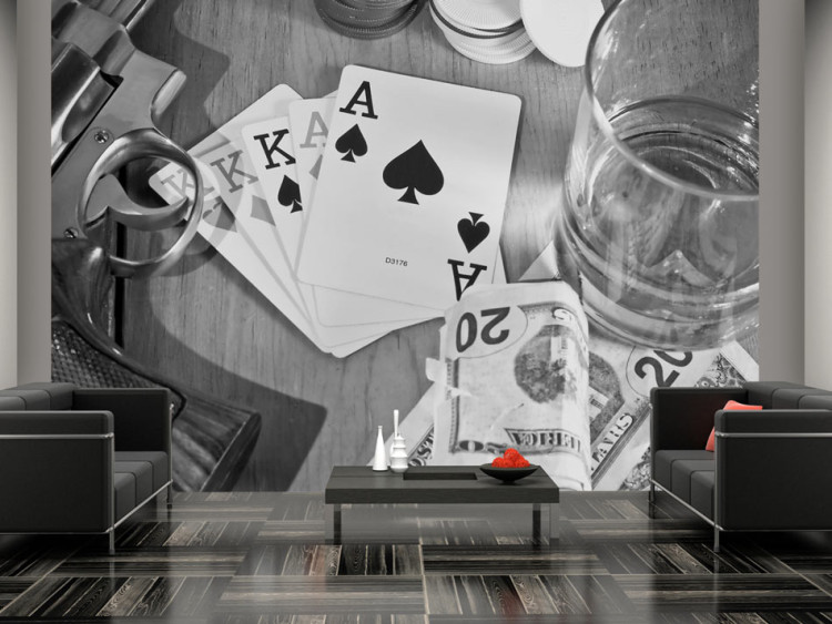 Mural Noite Masculina com Poker - design preto e branco de jogo por dinheiro com uísque 61096