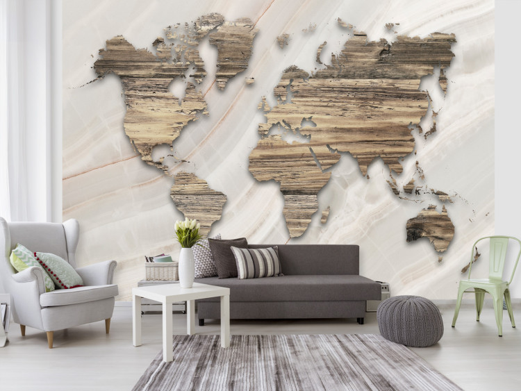 Fotomural Mapa de Mármore - contorno dos continentes com textura de madeira em fundo branco 93767