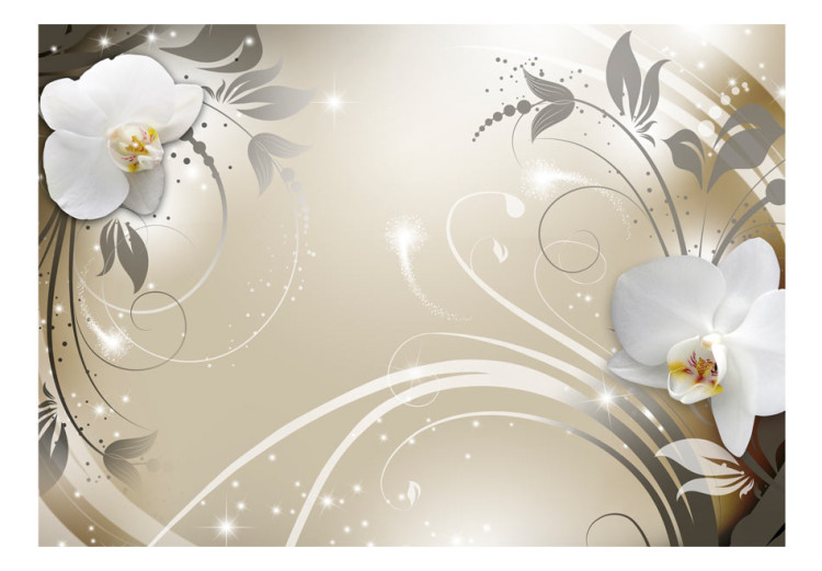 Mural Abstração floral - flores brancas de orquídea com ornamentos prateados 59718 additionalImage 1