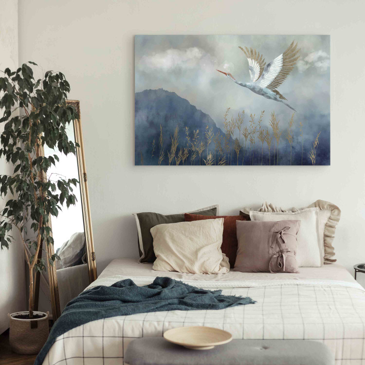 Quadro pintado A Heron in Flight - A Bird Flying Against the Background of Dark Blue Mountains Covered With Fog 151209 additionalImage 9
