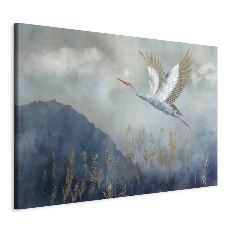 Quadro pintado A Heron in Flight - A Bird Flying Against the Background of Dark Blue Mountains Covered With Fog 151209 additionalImage 2