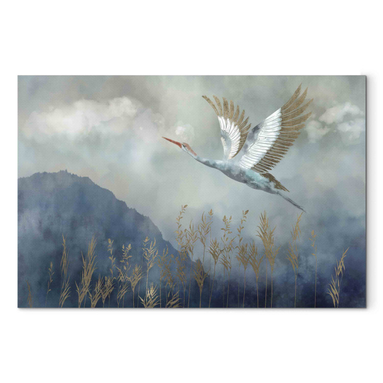 Quadro pintado A Heron in Flight - A Bird Flying Against the Background of Dark Blue Mountains Covered With Fog 151209 additionalImage 7