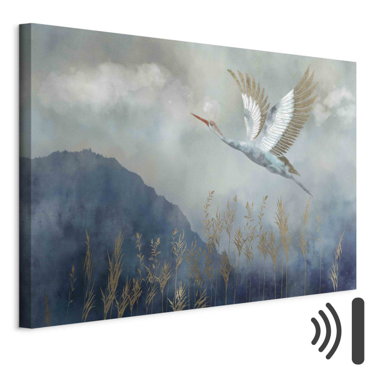 Quadro pintado A Heron in Flight - A Bird Flying Against the Background of Dark Blue Mountains Covered With Fog 151209 additionalImage 8