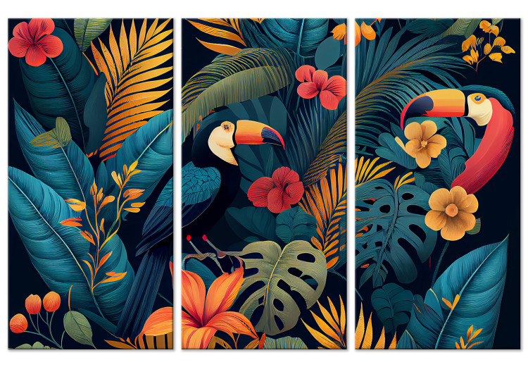 Quadro Birds in the Jungle - Toucans Among Lush Exotic Flowers and Foliage 151809